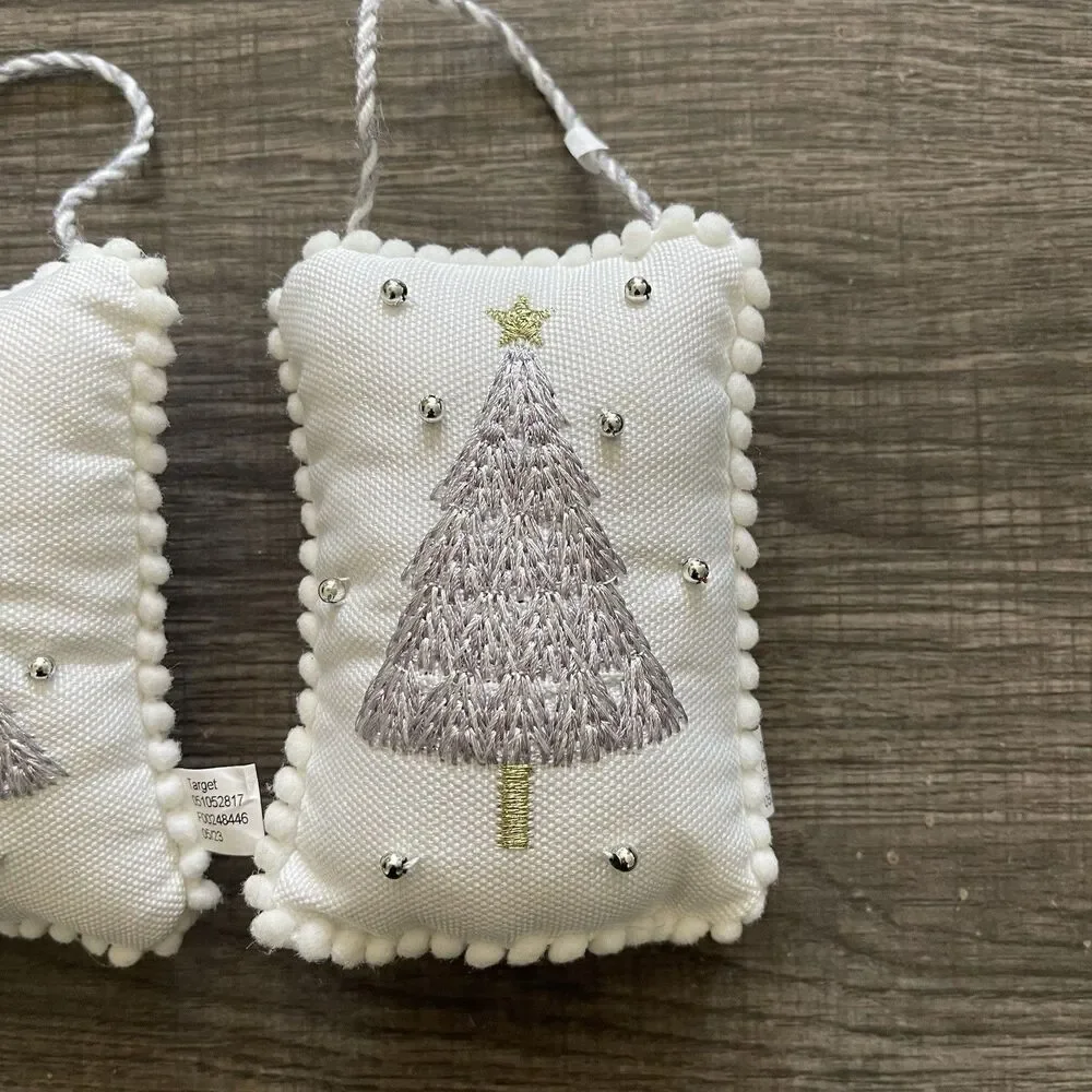 Target Set Of 3 White Embroidered Christmas Tree Pillow Ornament 5in X 3.5in
